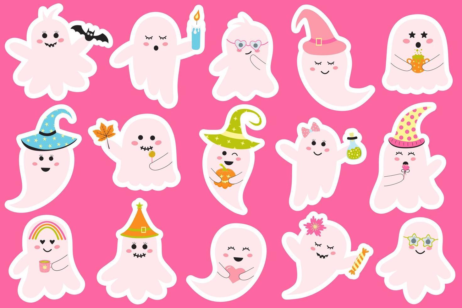 schattig roze halloween geesten stickers set. griezelig baby boe tekens voor kinderen. vector