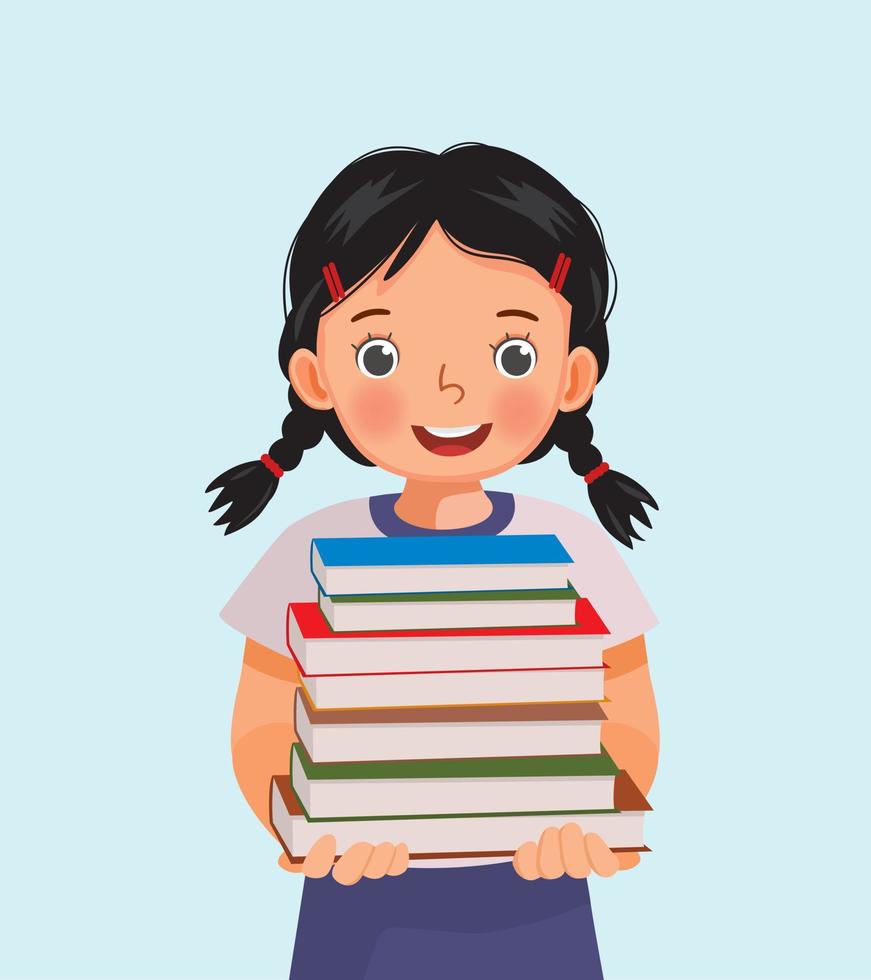 schattig weinig meisje leerling Holding stack van boeken vector