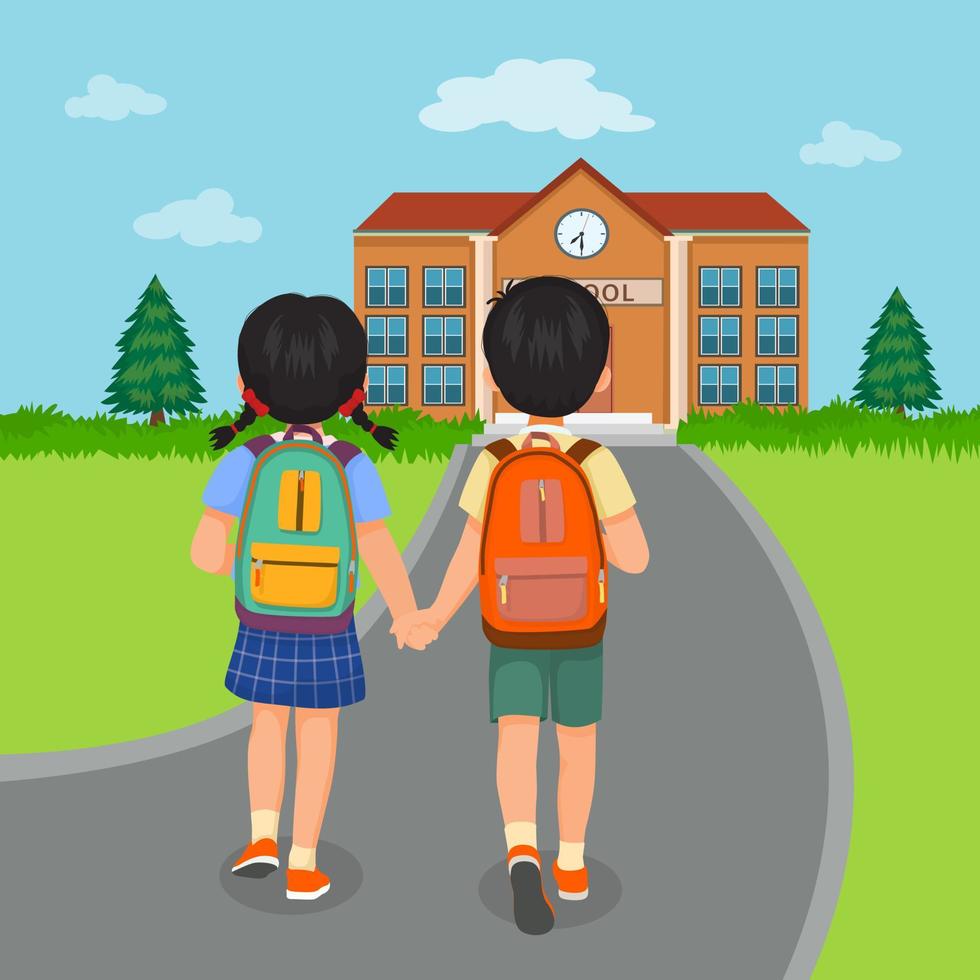 terug visie van weinig kinderen studenten met rugzakken Holding handen wandelen naar school- samen vector
