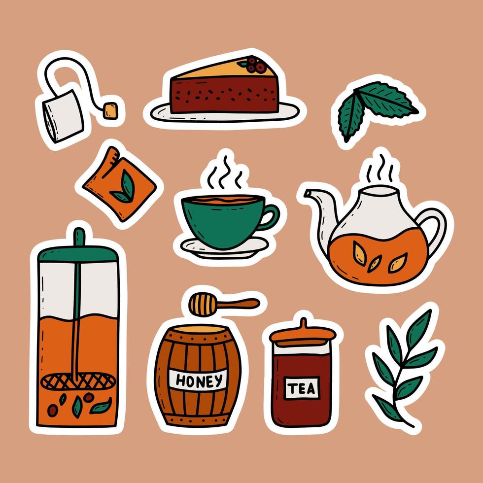 thee drinken thema doodles vector geïsoleerd illustratie stickers.