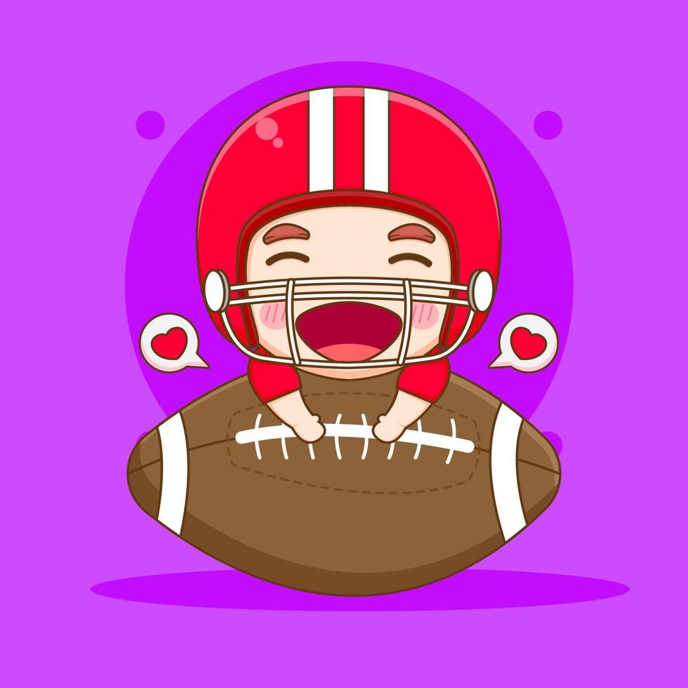 schattig Amerikaans Amerikaans voetbal speler Holding rugby en vervelend rood helm chibi tekenfilm illustratie vector