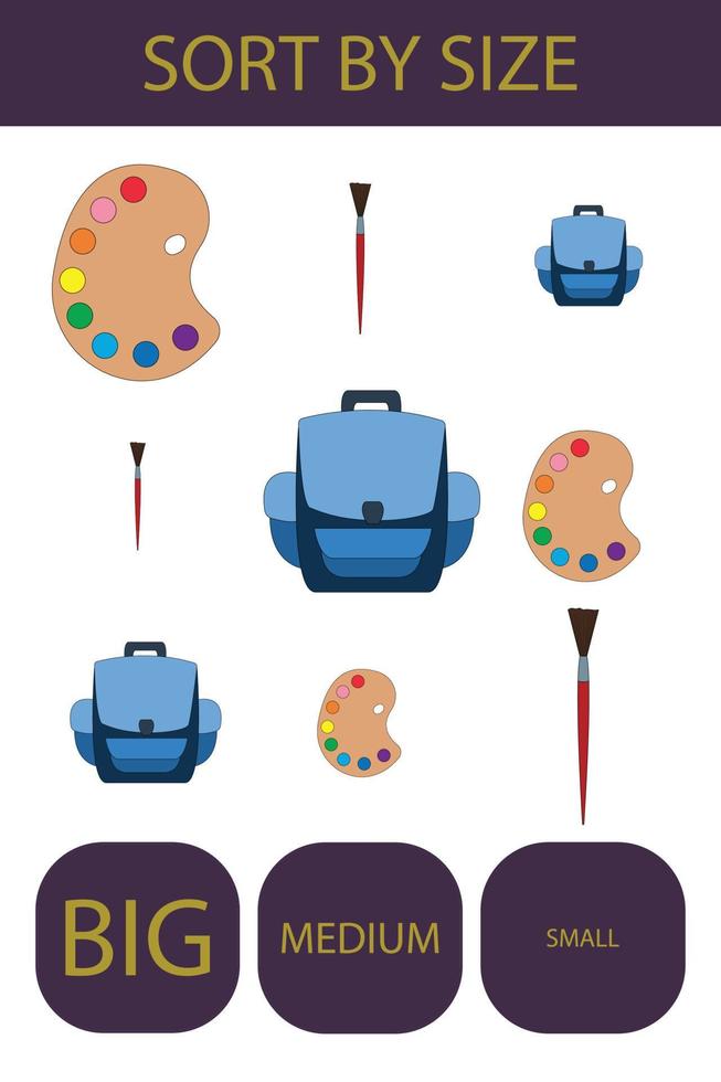 sorteer schoolspullen in lbig, groot en klein. een voorbeeld van het tegenovergestelde woord antoniem voor een kind vector