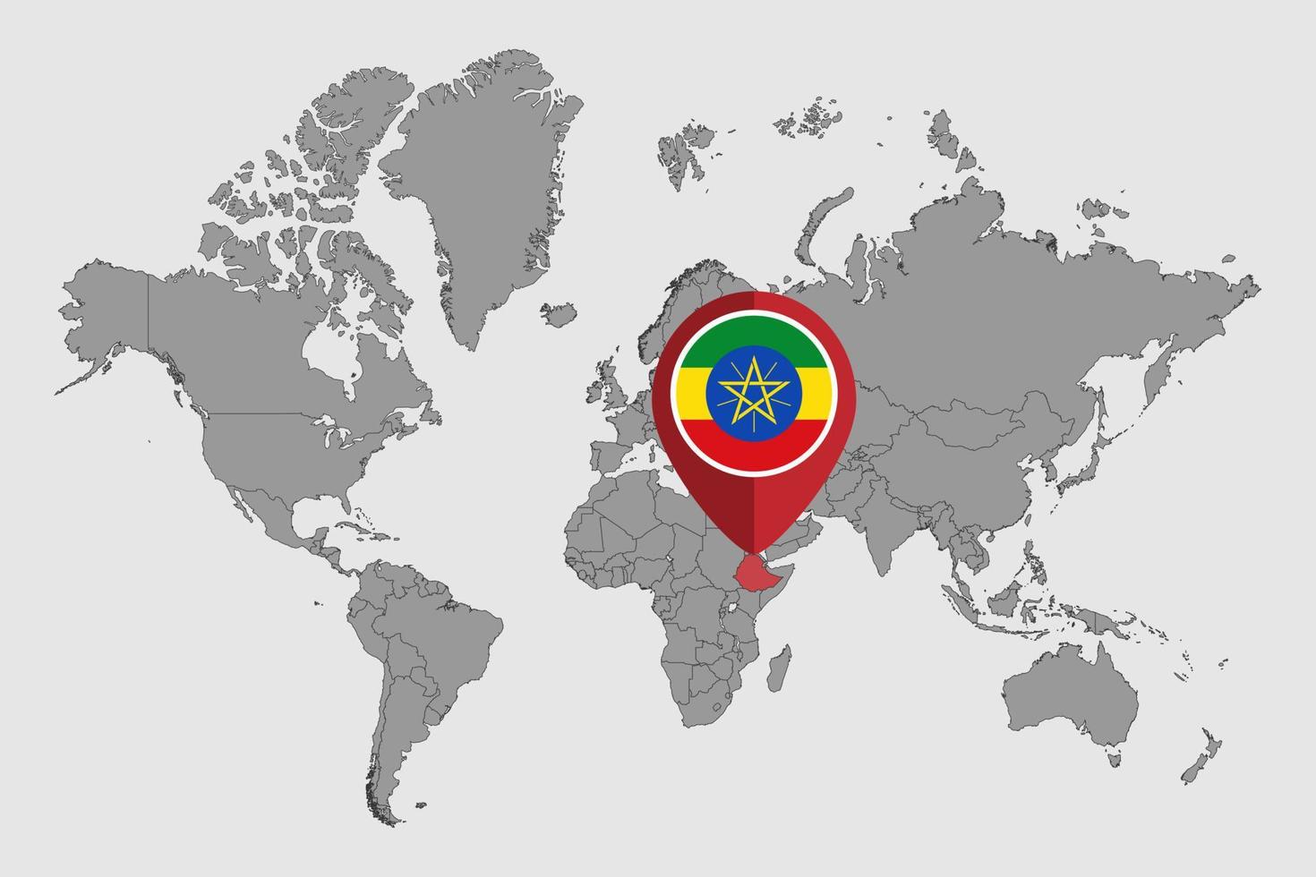 pin kaart met Ethiopië vlag Aan wereld kaart. vector illustratie.