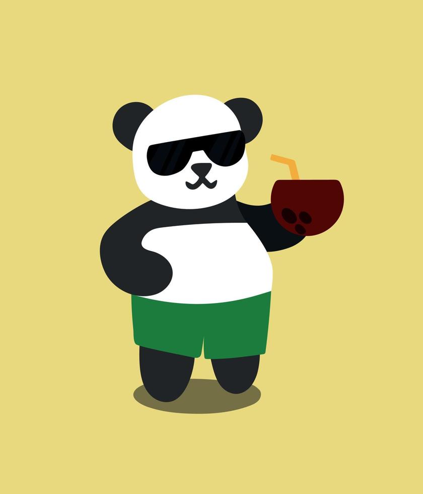 tekenfilm panda drankjes kokosnoot cocktail in zonnebril. gekleurde achtergrond. vector illustratie. zomer panda. ontwerp element. vlak beeld