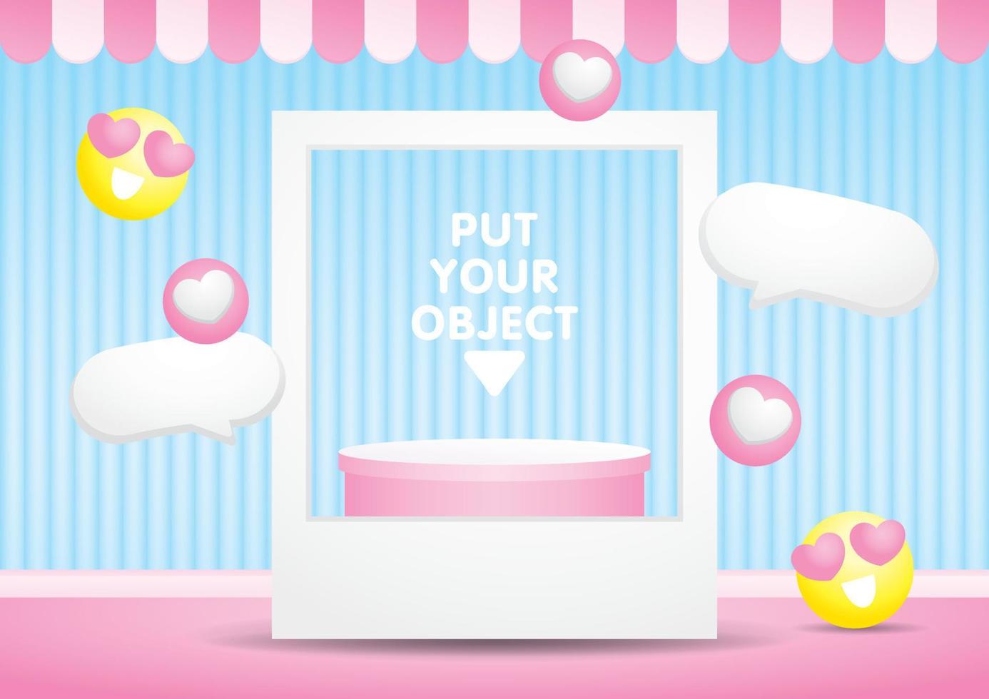 schattig pastel roze podium Scherm met afbeelding kader en emoticon grafisch elementen 3d illustratie vector voor zetten uw voorwerp