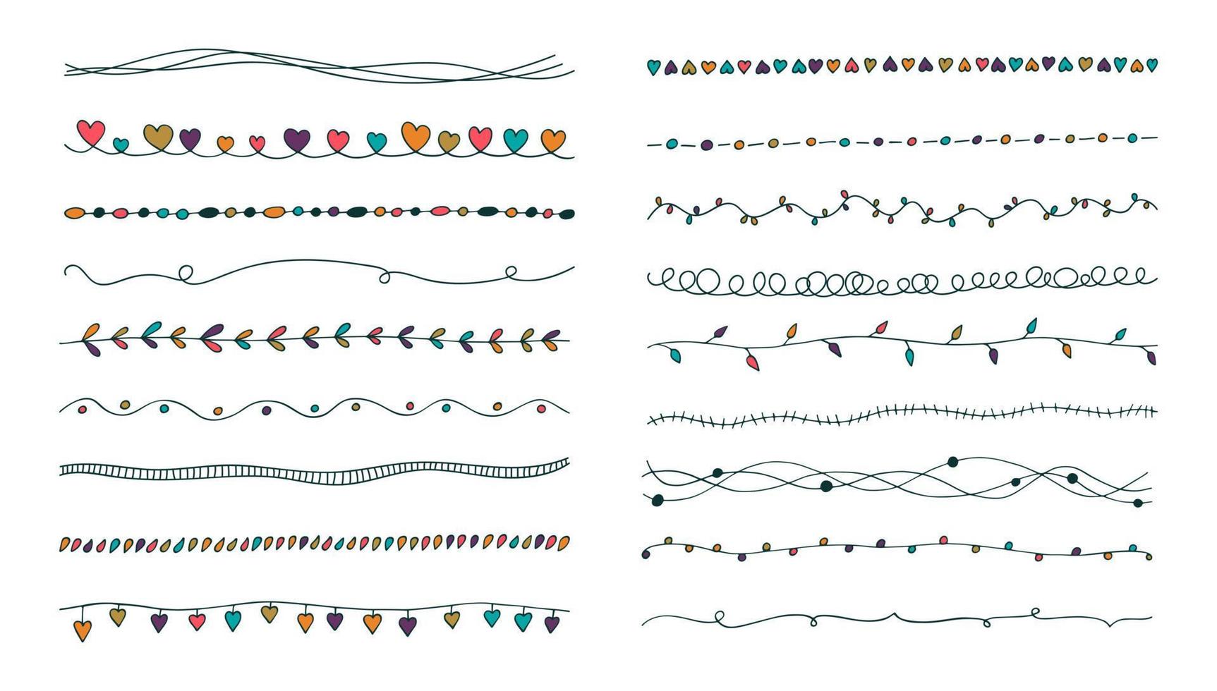 vector reeks gekleurde hand- getrokken wijnoogst grenzen. tekening lijnen verzameling voor uw ontwerp. schattig modieus decoratief en botanisch element. curves versierd met bladeren, cirkels, wervelingen, harten