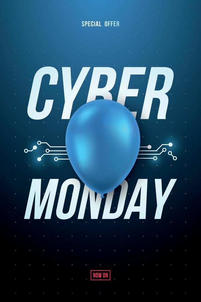 cyber maandag uitverkoop poster met blauw glimmend ballon en tekst. vector