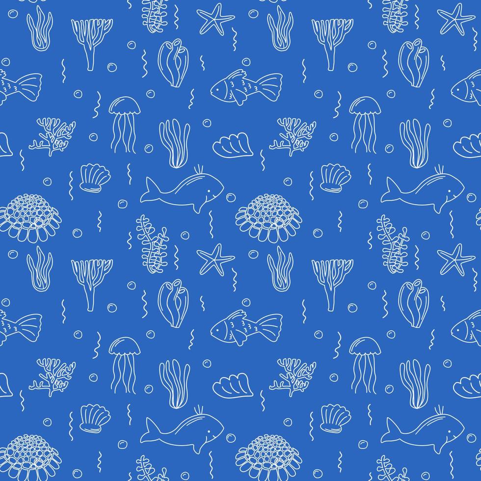 zee leven naadloos patroon. eindeloos verzameling van hand- getrokken illustratie. vis, schelpen, verschillend zeewier, grind egel. geïsoleerd vector achtergrond voor web, kleding stof, textiel.