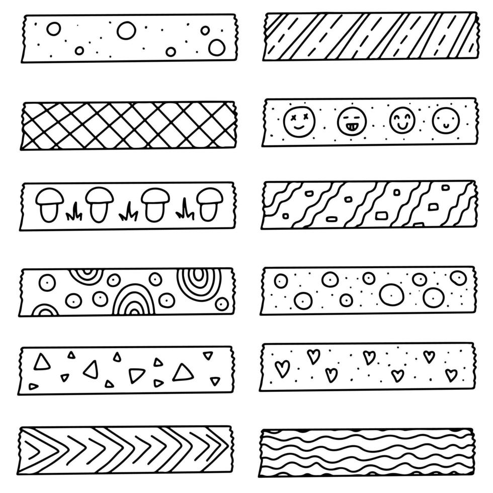 verzameling van washi banden in hand- getrokken tekening stijl. decoratief Scotch elementen set. vector geïsoleerd Aan wit.