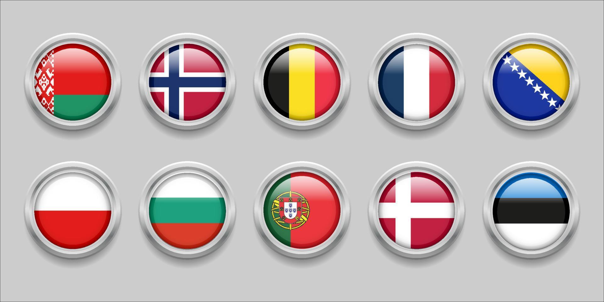 Europa ronde vlaggen reeks verzameling 3d ronde vlag, insigne vlag, Wit-Rusland, Noorwegen, belgië, Frankrijk, Bosnië en herzegovina, Polen, bulgarije, Portugal, Denemarken, Estland vector