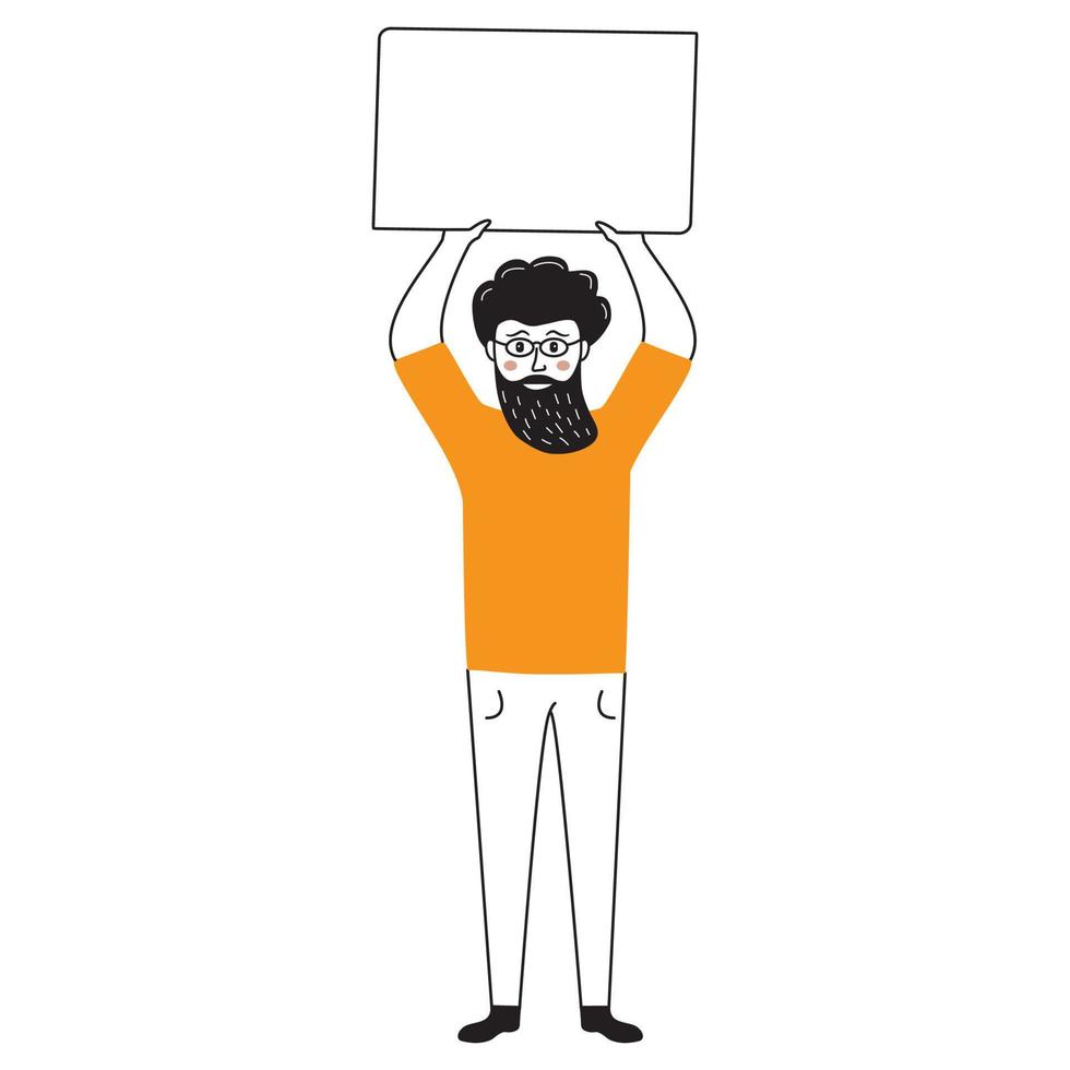 Mens Holding een blanco poster. sociaal protest worstelen voor rechten. sociaal issue.doodle gezicht menselijk avatar een Mens met een baard. geïsoleerd Aan wit achtergrond. hand- getrokken tekenfilm illustratie. vector