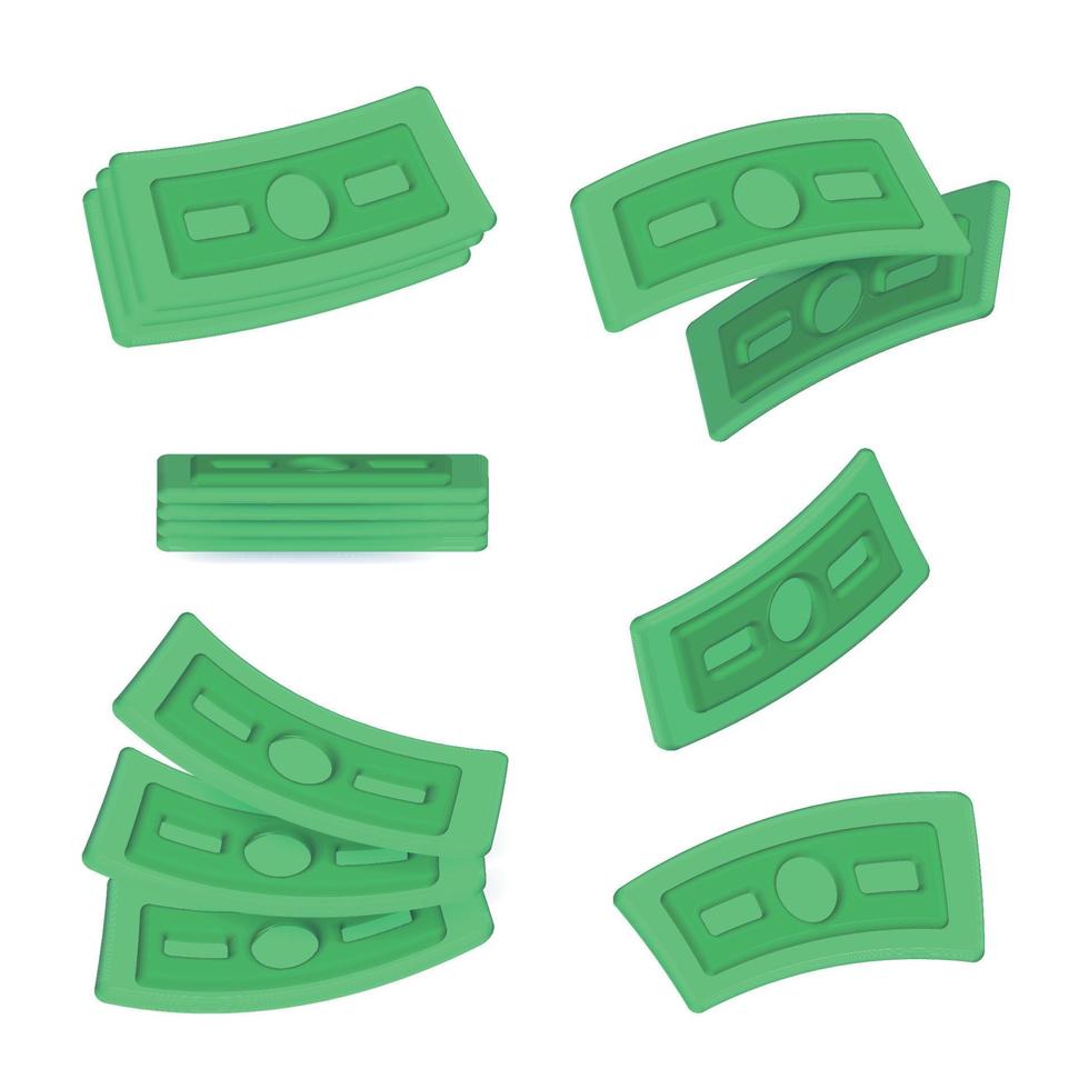 realistisch 3d geld set. verzameling van groen dollars geïsoleerd Aan wit achtergrond. gedraaid papier rekeningen en stack van valuta bankbiljetten. bedrijf en financiën voorwerp. vector illustratie.