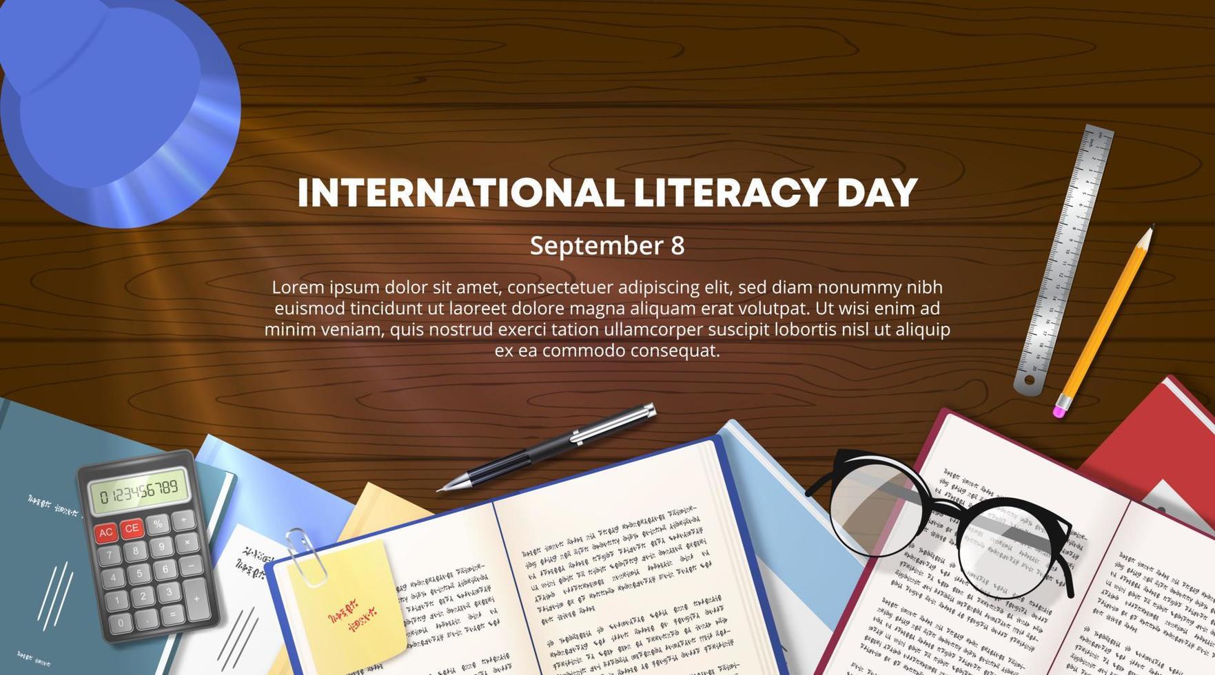 Internationale geletterdheid dag achtergrond met boeken en schrijfbehoeften Aan een tafel vector