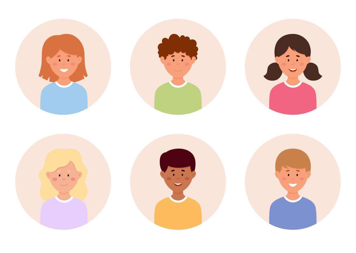 reeks van kinderen gezichten, avatars, kinderen hoofden verschillend nationaliteit in cirkel achtergrond. vector illustratie in vlak tekenfilm stijl.