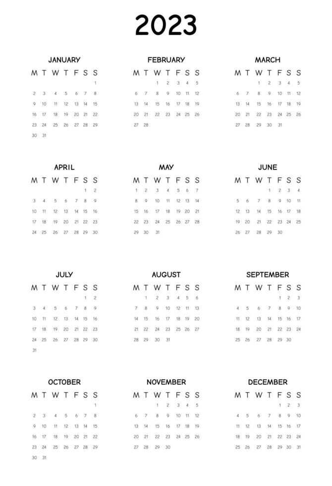 2023 kalender jaar. kalender voor 2023 Aan wit achtergrond voor organisatie en bedrijf. de week begint Aan maandag. jaar- kalender 2023 sjabloon. kalender ontwerp in zwart en wit kleuren. vector