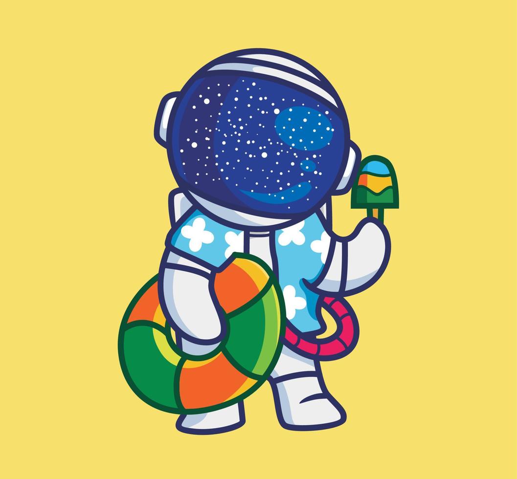 schattig astronaut Holding reddingsboei eten ijs room. tekenfilm reizen vakantie vakantie zomer concept geïsoleerd illustratie. vlak stijl geschikt voor sticker icoon ontwerp premie logo vector. mascotte karakter vector