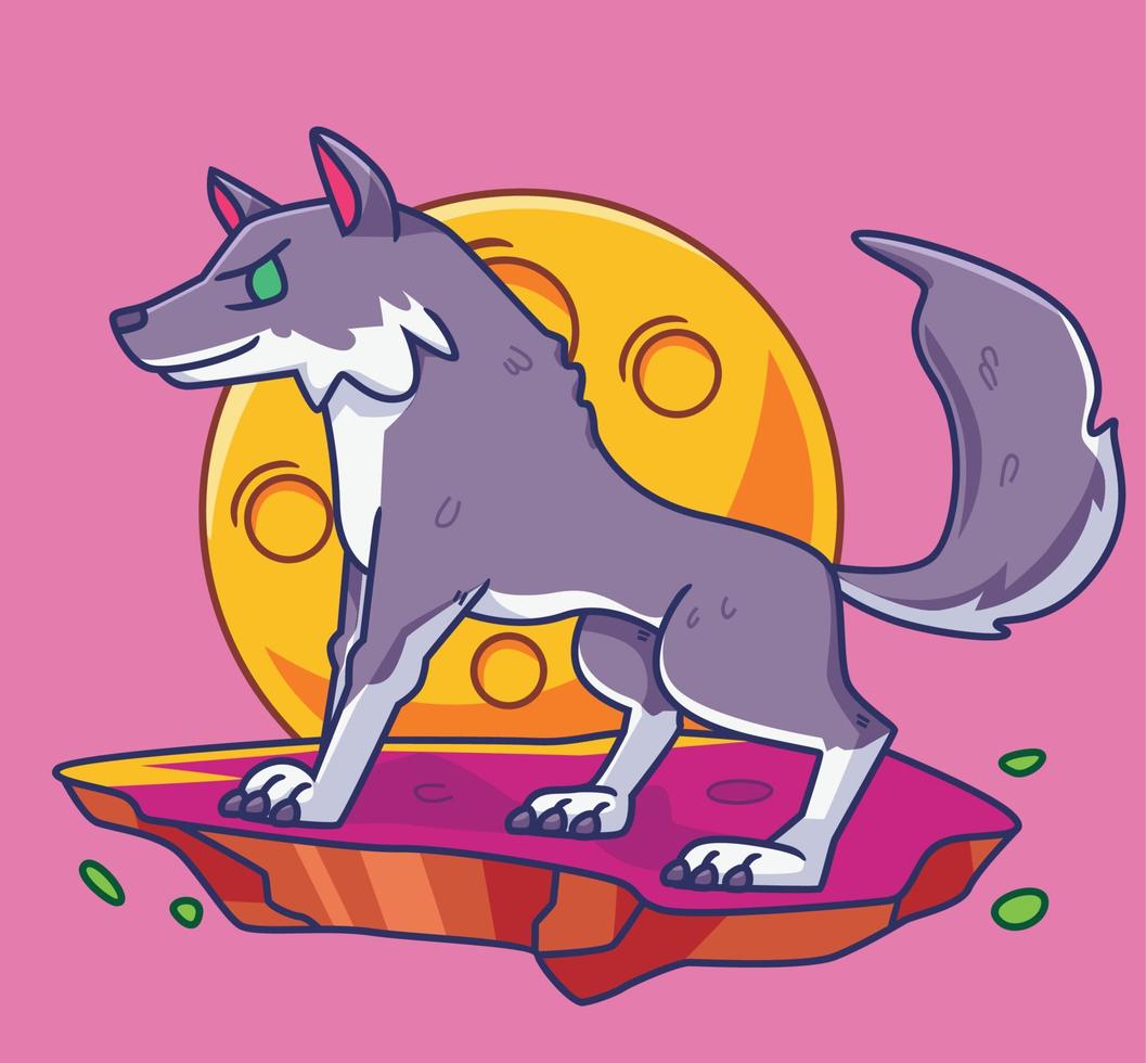 tekenfilm wolf met vol maan. geïsoleerd dier illustratie. vlak stijl sticker icoon premie vector