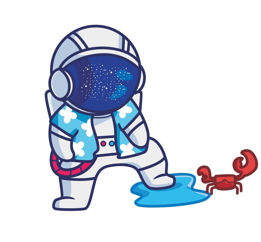 schattig astronaut Speel met krab. tekenfilm reizen vakantie vakantie zomer concept geïsoleerd illustratie. vlak stijl geschikt voor sticker icoon ontwerp premie logo vector. mascotte karakter vector