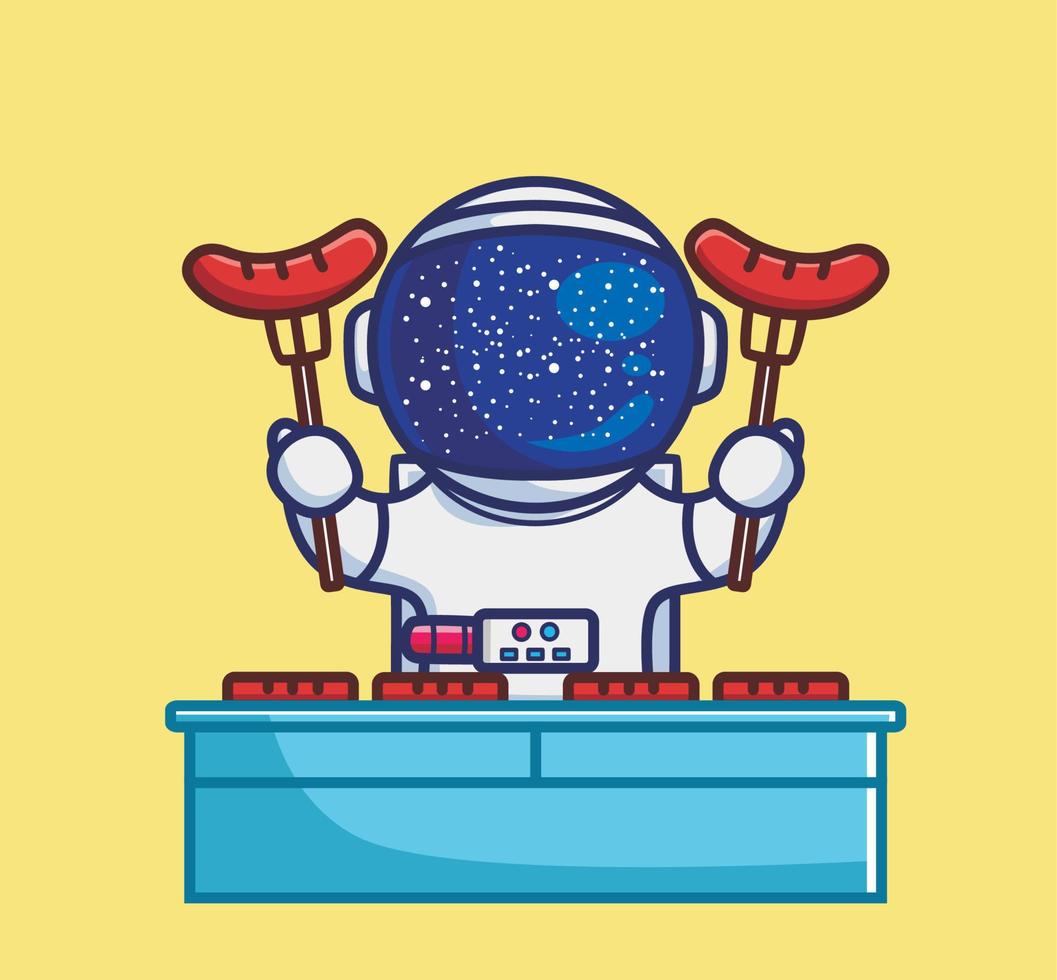 schattig astronaut vrije tijd, roosteren worst barbecueën. tekenfilm reizen vakantie vakantie zomer concept geïsoleerd illustratie. vlak stijl geschikt voor sticker icoon ontwerp premie logo vector. mascotte karakter vector