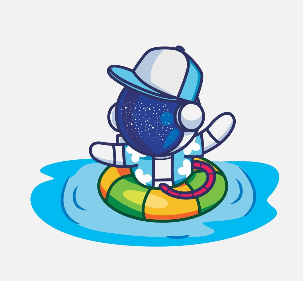 schattig astronaut zwemmen oceaan met reddingsboei. tekenfilm reizen vakantie vakantie zomer concept geïsoleerd illustratie. vlak stijl geschikt voor sticker icoon ontwerp premie logo vector. mascotte karakter vector