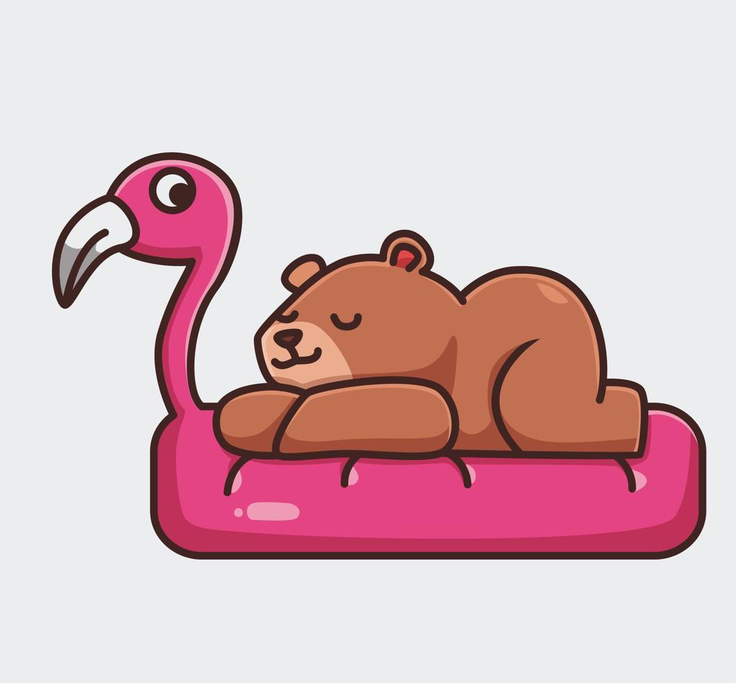 schattig grizzly beer bruin slapen Aan flamingo bed. tekenfilm dier natuur concept geïsoleerd illustratie. vlak stijl geschikt voor sticker icoon ontwerp premie logo vector. mascotte karakter vector