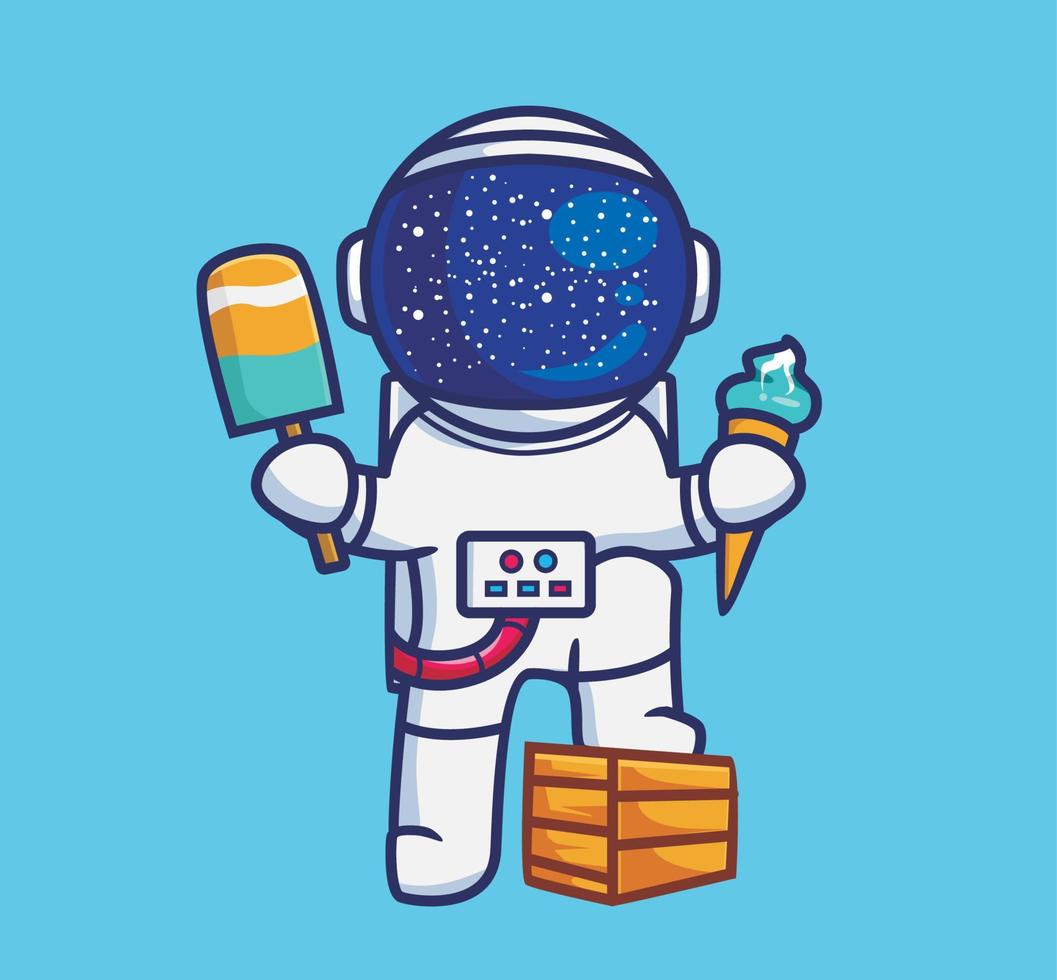 schattig astronaut aan het eten ijs room ijshoorntje. tekenfilm reizen vakantie vakantie zomer concept geïsoleerd illustratie. vlak stijl geschikt voor sticker icoon ontwerp premie logo vector. mascotte karakter vector