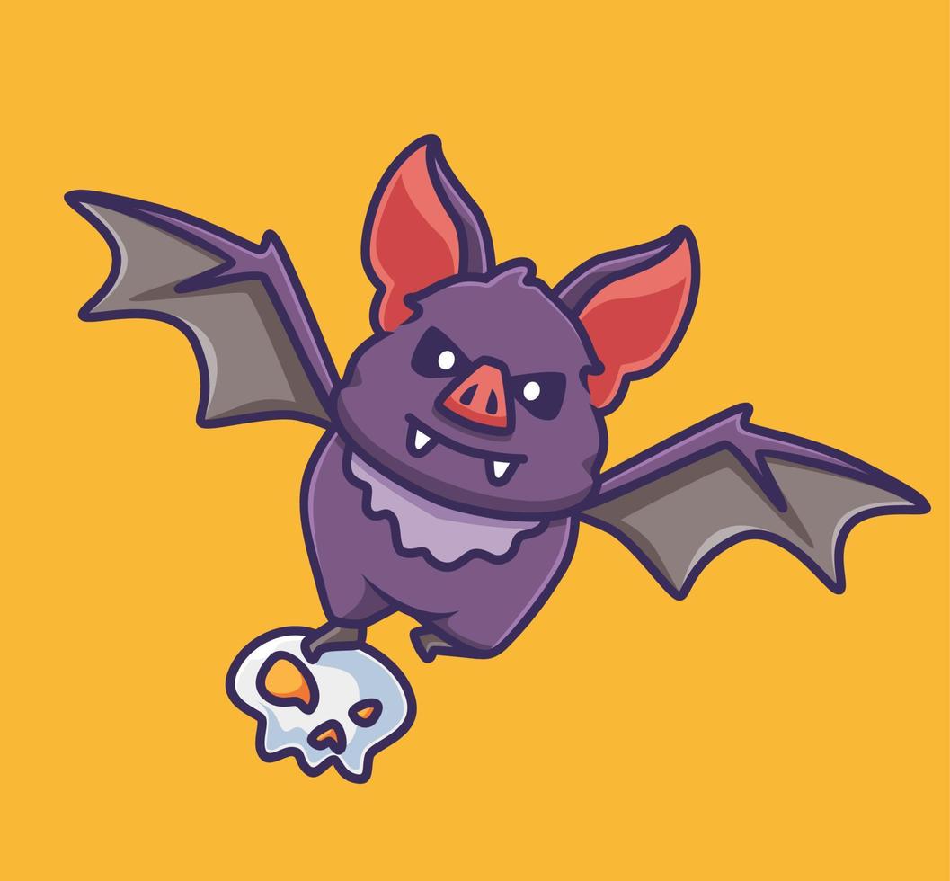 schattig knuppel vampier brengen een schedel. tekenfilm dier halloween evenement concept geïsoleerd illustratie. vlak stijl geschikt voor sticker icoon ontwerp premie logo vector. mascotte karakter vector