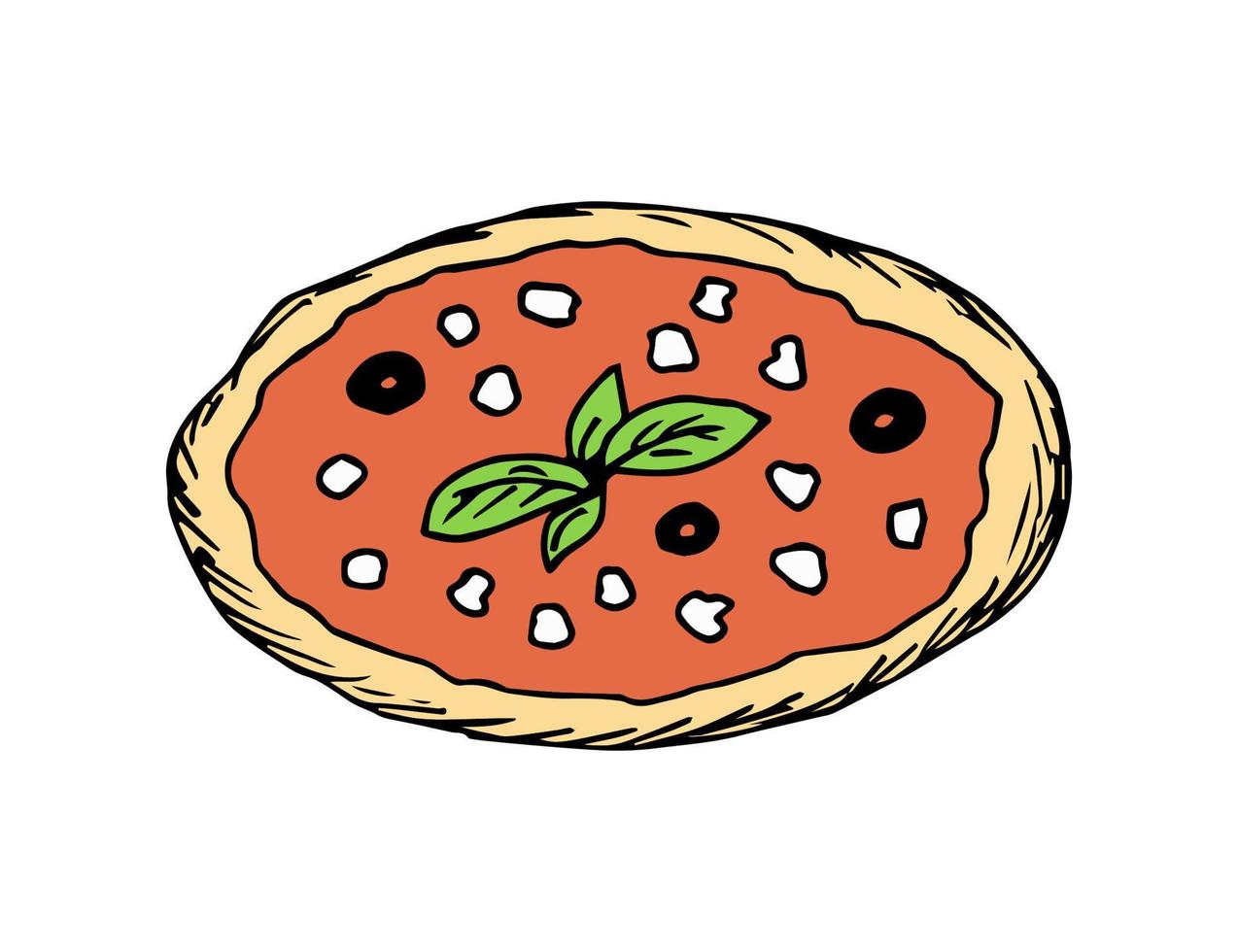 gemakkelijk kleur vector tekening. pizza met olijven, basilicum kaas geïsoleerd Aan een wit achtergrond. Italiaans traditioneel keuken, pizzeria, cafe. voor afdrukken, label, menu, recept.
