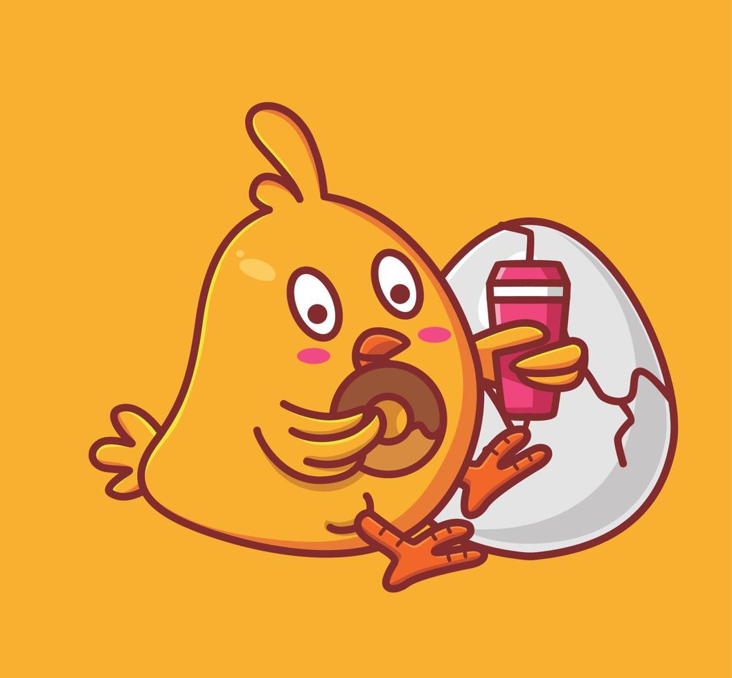 schattig kuikens aan het eten een donuts en drinken water terwijl zijn broer uitkomen. dier tekenfilm geïsoleerd vlak stijl sticker web ontwerp icoon illustratie premie vector logo mascotte karakter