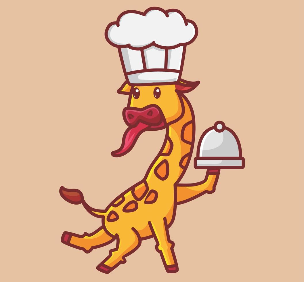 schattig giraffe brengen een voedsel. tekenfilm dier natuur concept geïsoleerd illustratie. vlak stijl geschikt voor sticker icoon ontwerp premie logo vector. mascotte karakter vector