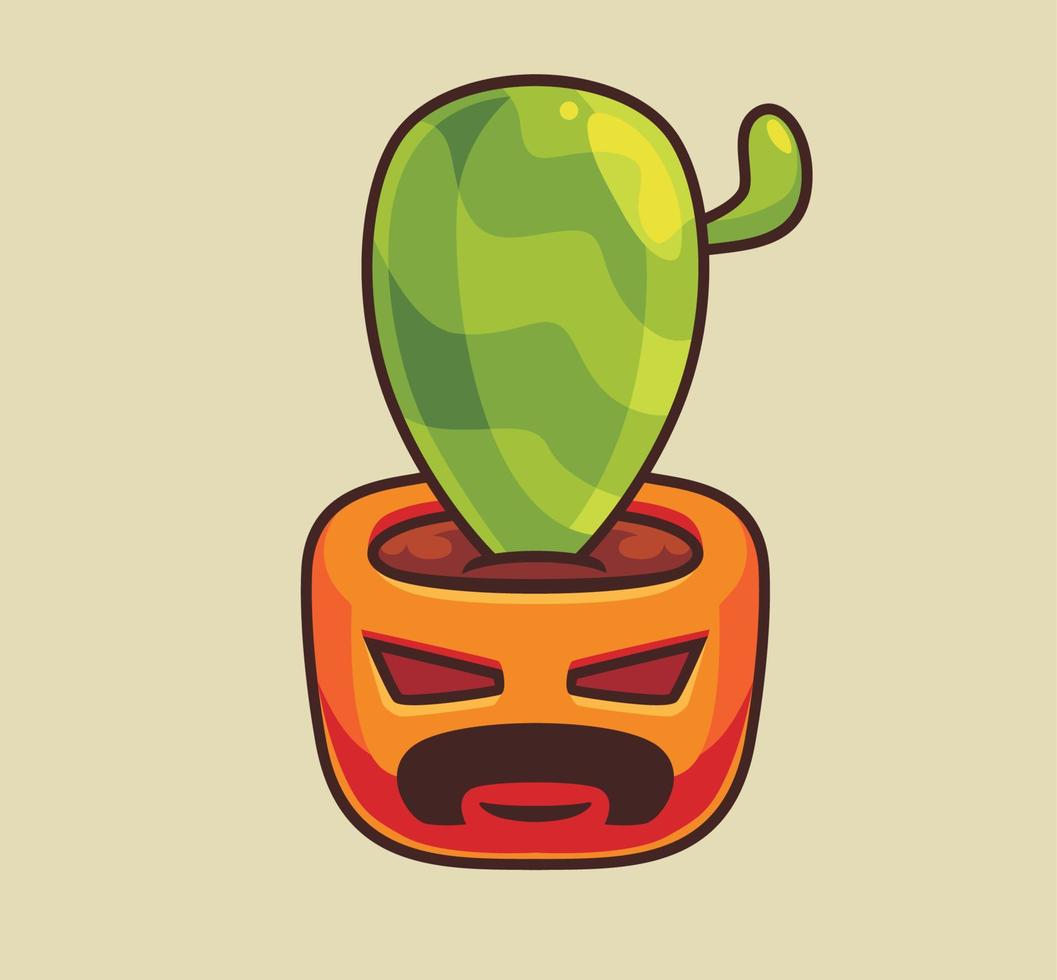schattig cactus met een pompoen pot. geïsoleerd tekenfilm halloween illustratie. vlak stijl geschikt voor sticker icoon ontwerp premie logo vector. mascotte karakter vector
