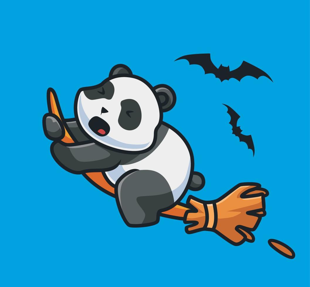 schattig panda vliegend met een magie bezem. tekenfilm dier halloween evenement concept geïsoleerd illustratie. vlak stijl geschikt voor sticker icoon ontwerp premie logo vector. mascotte karakter vector