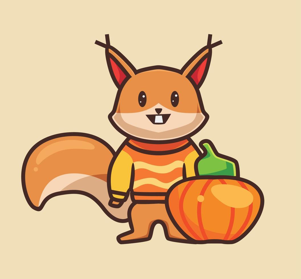 schattig eekhoorn vervelend kleren. tekenfilm dier herfst seizoen concept geïsoleerd illustratie. vlak stijl geschikt voor sticker icoon ontwerp premie logo vector. mascotte karakter vector