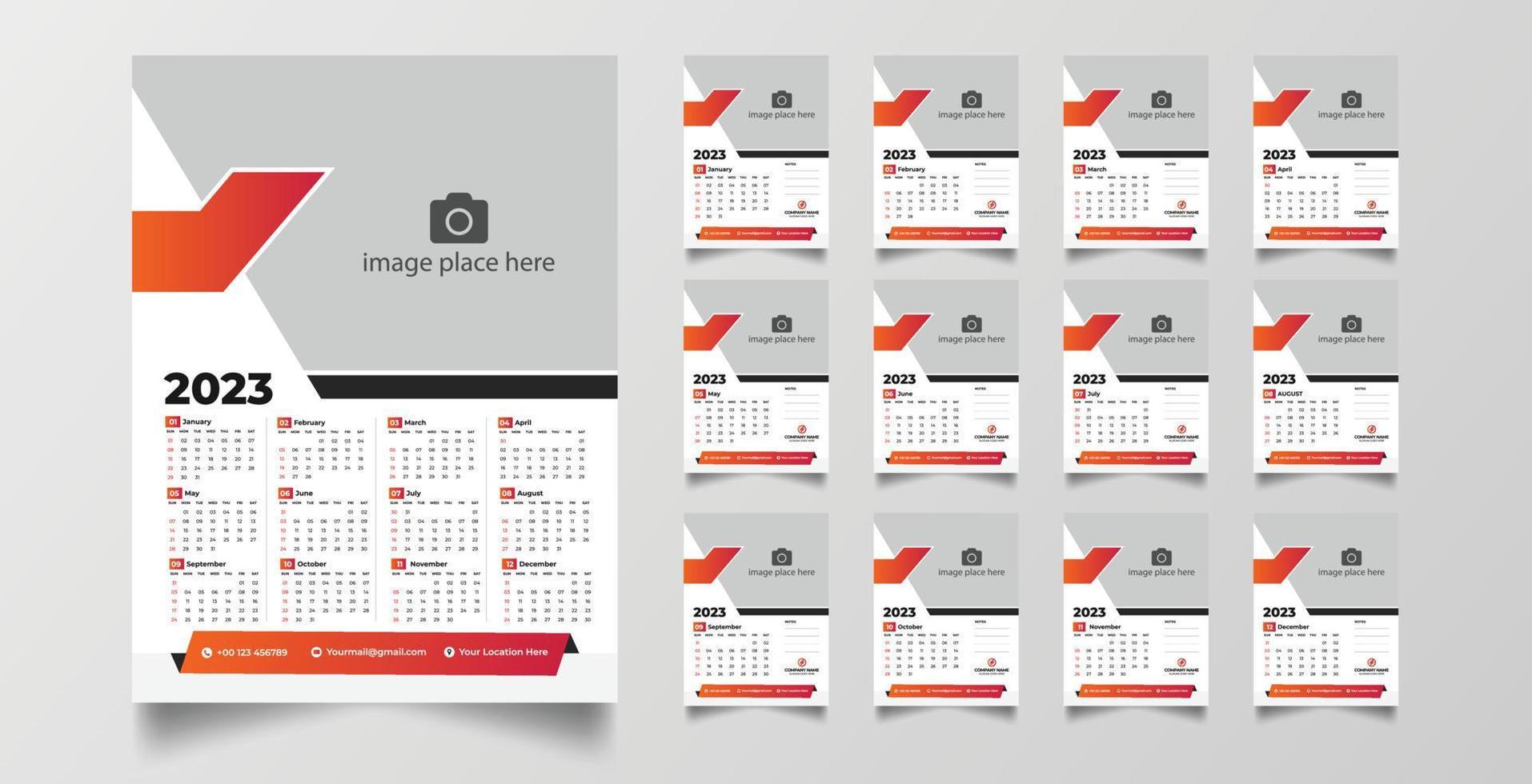 2023 één pagina wandkalender ontwerpsjabloon vector