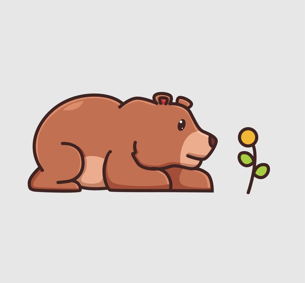 schattig grizzly beer bruin zittend op zoek voor bloemen. tekenfilm dier natuur concept geïsoleerd illustratie. vlak stijl geschikt voor sticker icoon ontwerp premie logo vector. mascotte karakter vector