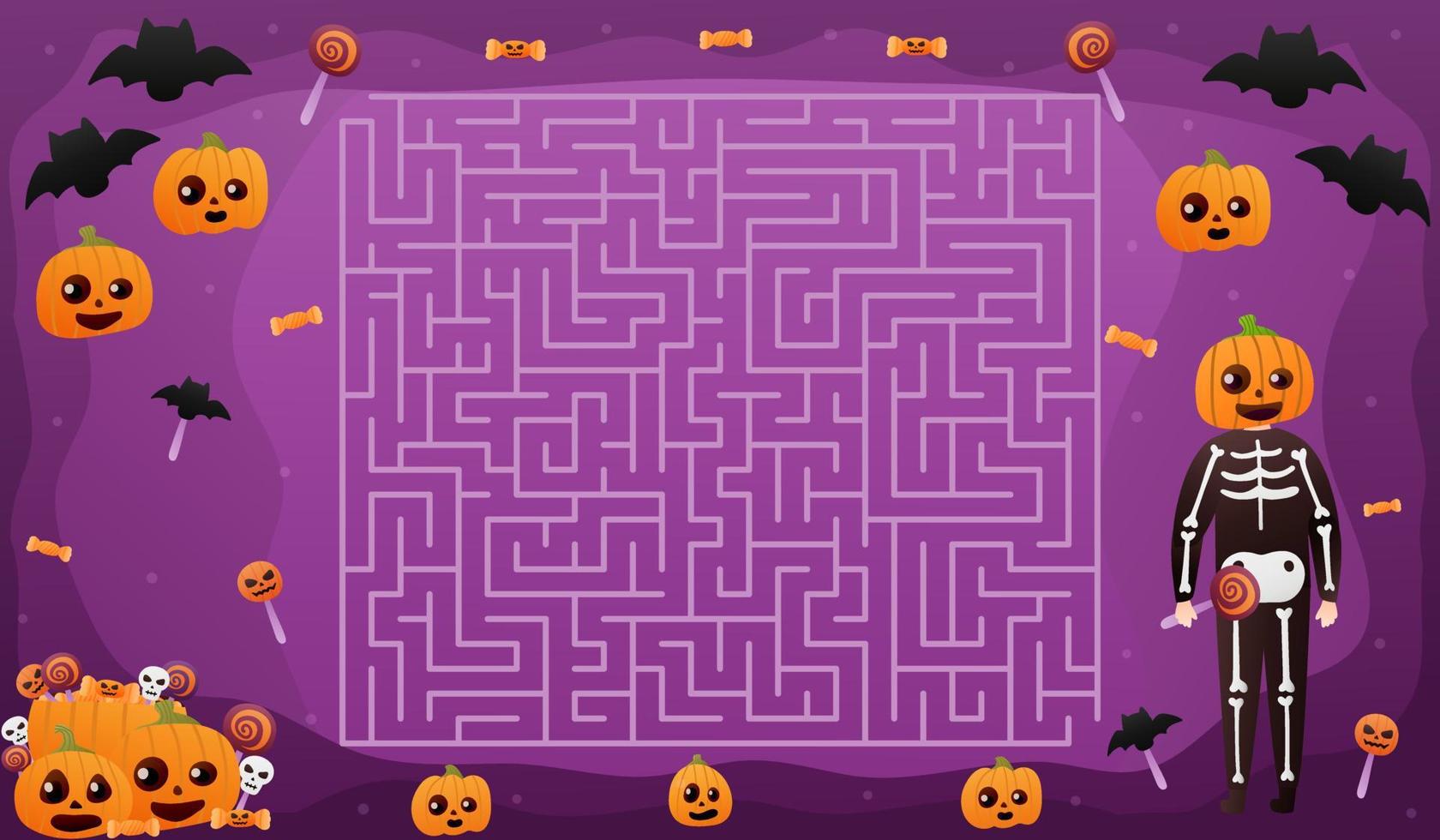 halloween labyrint met schattig pompoen karakter, helpen naar vind Rechtsaf manier naar snoepgoed, vliegend vleermuizen Aan Purper achtergrond, kleurrijk afdrukbare werkblad voor kinderen in tekenfilm stijl vector