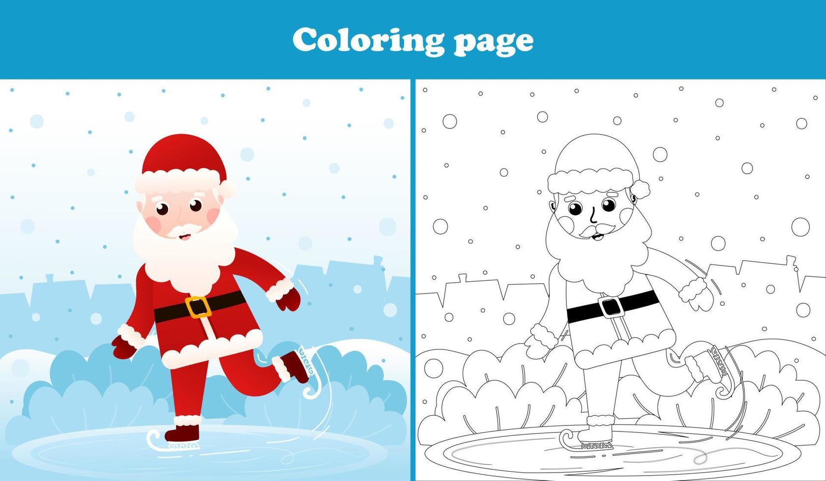 Kerstmis kleur bladzijde met de kerstman claus karakter ijs het schaatsen, afdrukbare werkblad voor kind in tekenfilm stijl, winter vakantie werkzaamheid vector