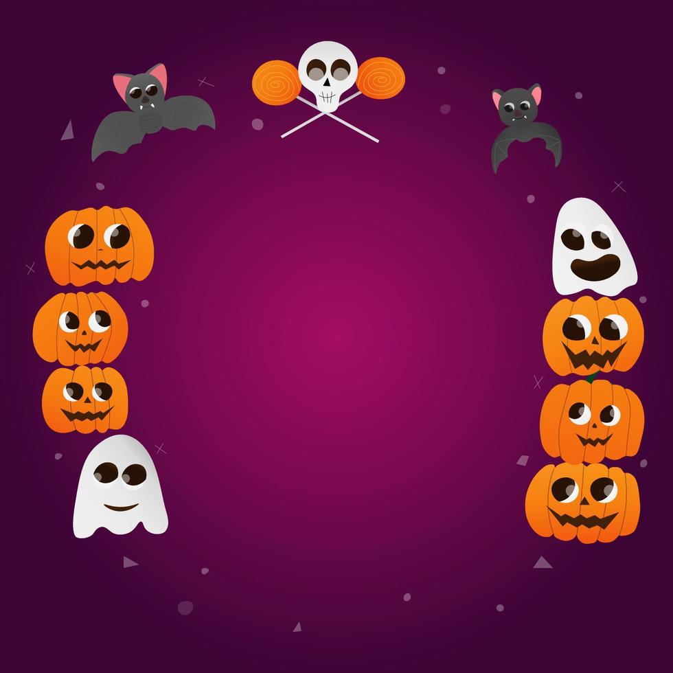 halloween kaart met cirkel kader, copyspace voor tekst, griezelig elementen - geesten, pompoenen, vleermuizen, schedel, snoepjes, vector illustratie voor partij uitnodiging, groet kaarten