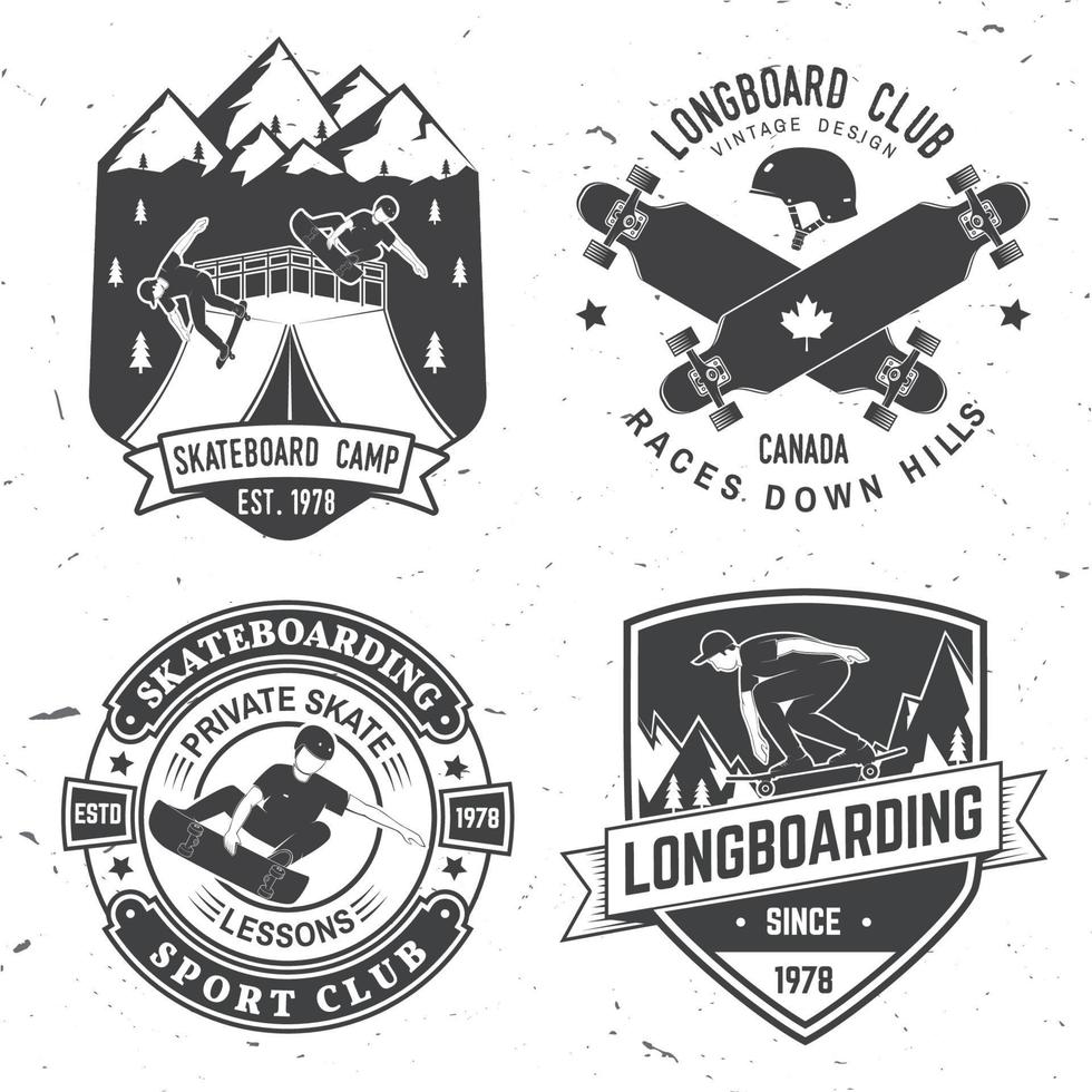 set skateboard- en longboardclub-badges. vector illustratie