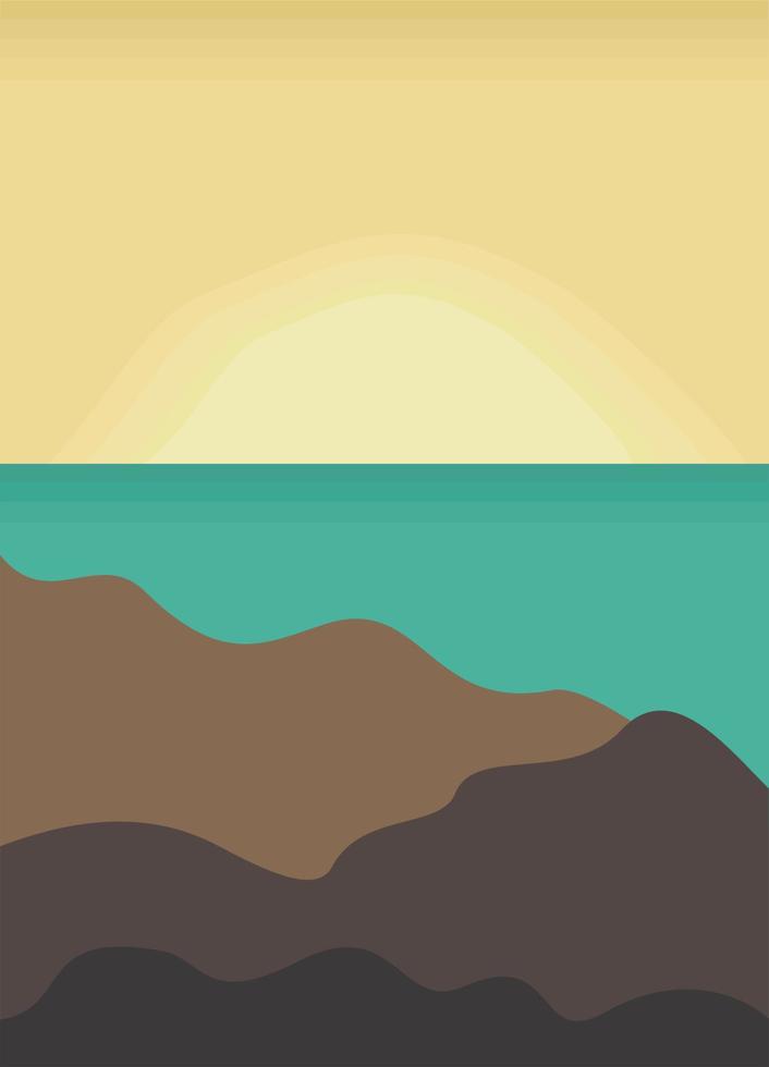 vector helder landschap. zonsondergang. zee en bergen.