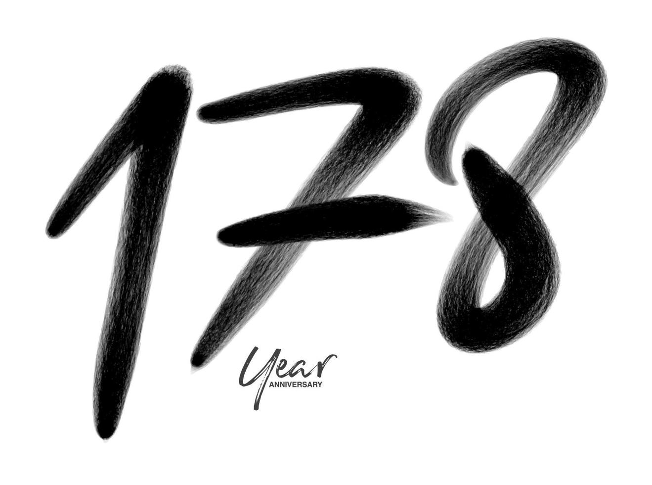 178 jaren verjaardag viering vector sjabloon, 178 aantal logo ontwerp, 178e verjaardag, zwart belettering getallen borstel tekening hand- getrokken schetsen, aantal logo ontwerp vector illustratie