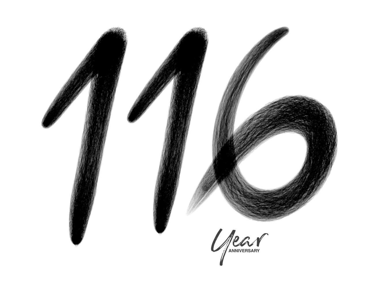 116 jaren verjaardag viering vector sjabloon, 116 aantal logo ontwerp, 116e verjaardag, zwart belettering getallen borstel tekening hand- getrokken schetsen, aantal logo ontwerp vector illustratie