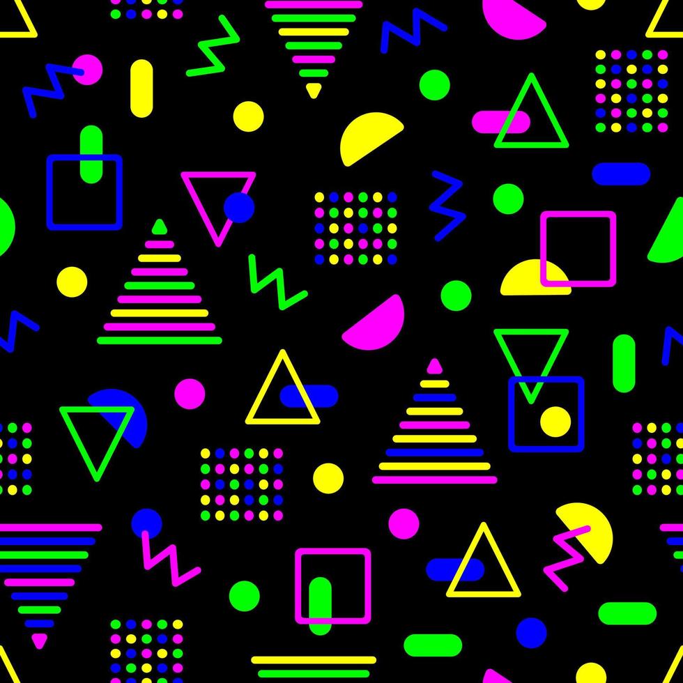 meetkundig vormen van neon kleur Aan een zwart achtergrond abstract naadloos patroon in Memphis stijl. textiel ontwerp, behang, verpakking en reclame. vector voorraad illustratie.