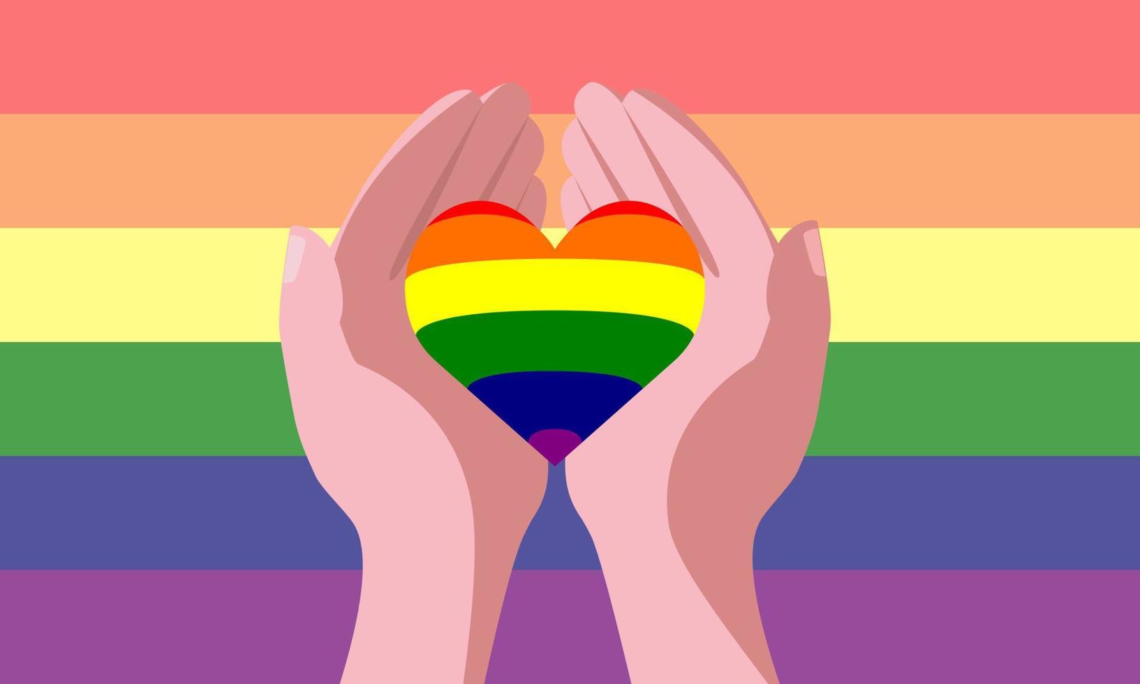 menselijk handen zijn Holding een regenboog hart. lgbt trots symbool. vector voorraad illustratie.