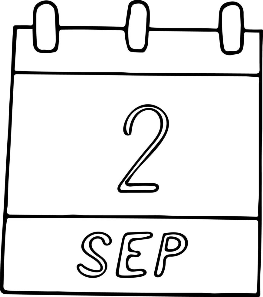 kalender hand- getrokken in tekening stijl. september 2. dag, datum. icoon, sticker element voor ontwerp. planning, bedrijf vakantie vector