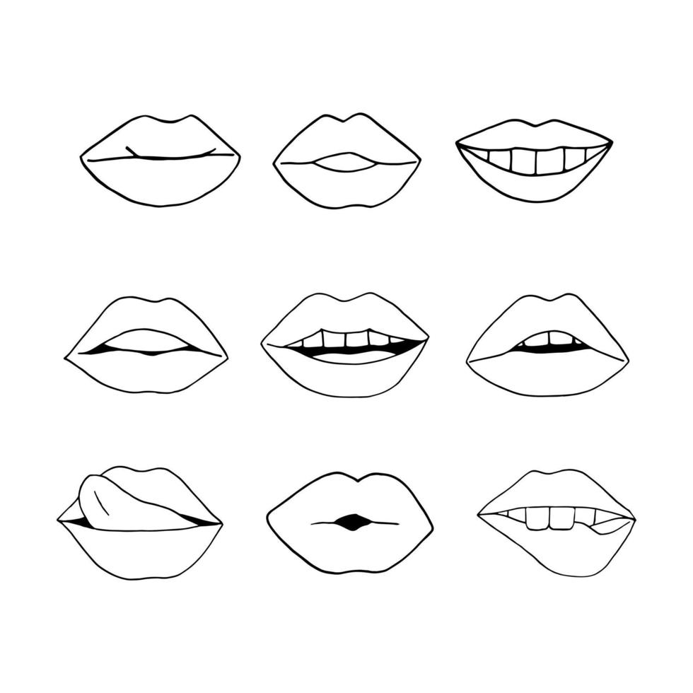 lippen icoon set. mond illustratie hand- getrokken in tekening stijl. lijn kunst, noords, scandinavisch, minimalisme, monochroom. sticker vector