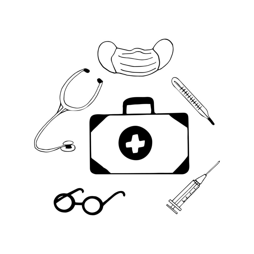 eerste steun uitrusting, masker, stethoscoop, thermometer, spuit, bril reeks hand- getrokken tekening. , scandinavisch, nordic minimalisme monochroom icoon geneeskunde dokter behandeling vector