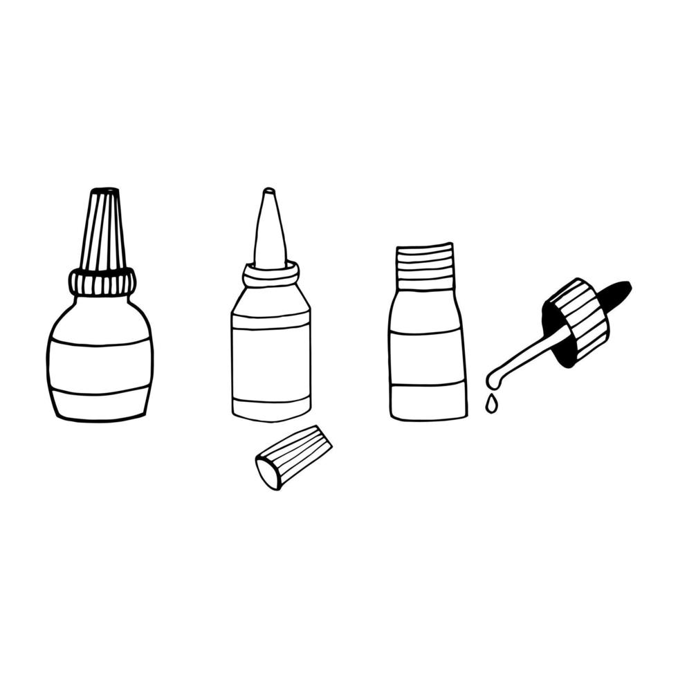 druppels in een fles met een pipet hand getrokken doodle. , scandinavisch, noords, minimalisme, zwart-wit. pictogram instellen. geneeskunde loopneus gezondheidsbehandeling vector