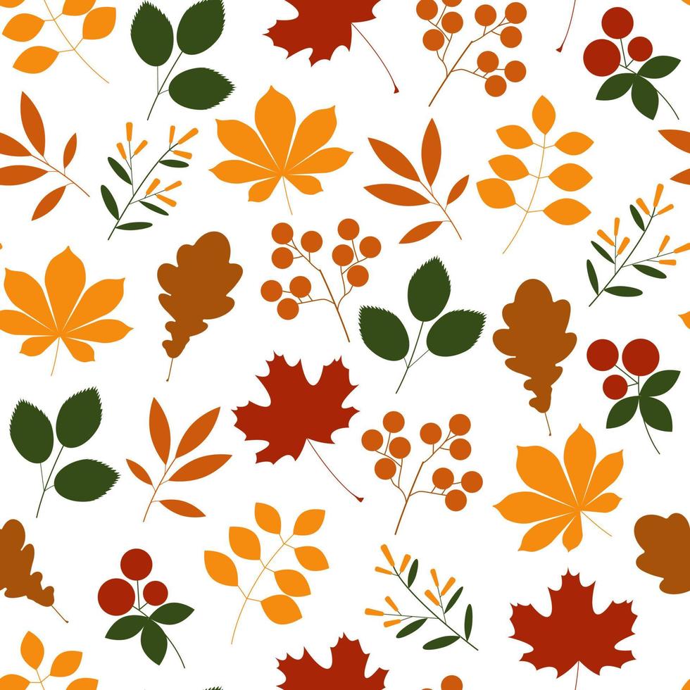 naadloos herfst patroon met eik, esdoorn, kastanje bladeren en bessen. geel, oranje en rood, bruin en groen kleuren. geschikt voor kleding stof patroon, behang, geschenk papier. tekenfilm vector illustratie.