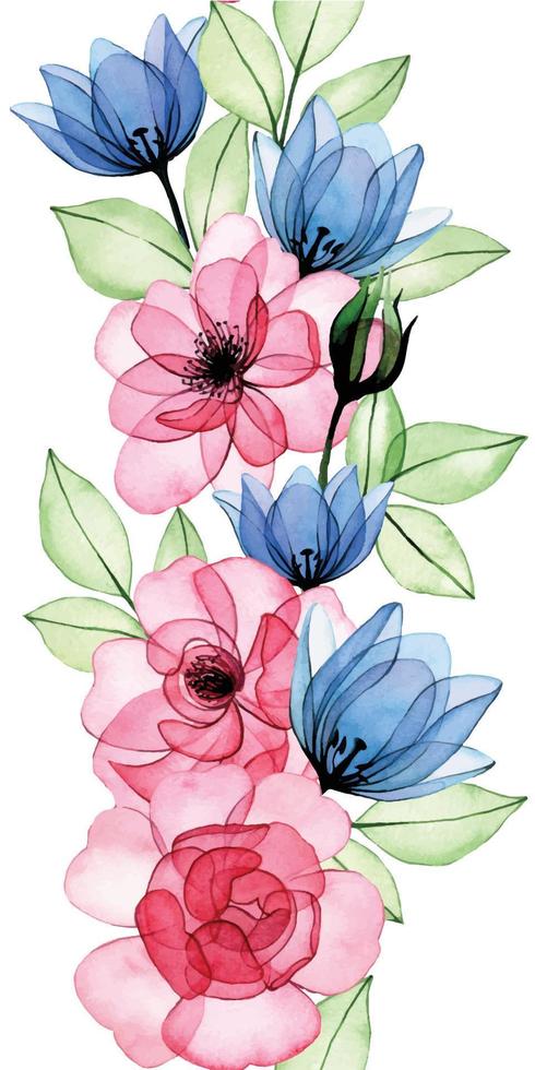 waterverf tekening. naadloos grens, baner van transparant bloemen en roos bladeren. roze roos en blauw tulpen röntgenstraal vector